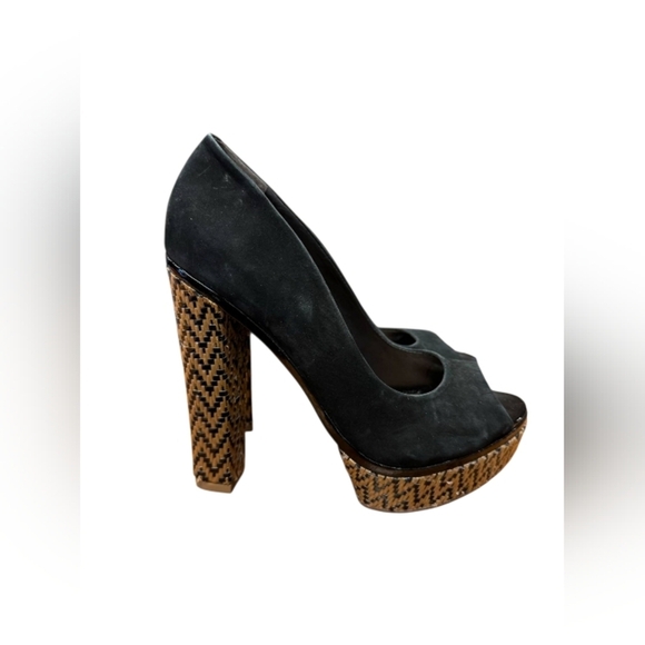 Schutz Cara High Heel Black Petro Raffia Pump Suede Leather Size 9 EUC - Picture 1 of 7
